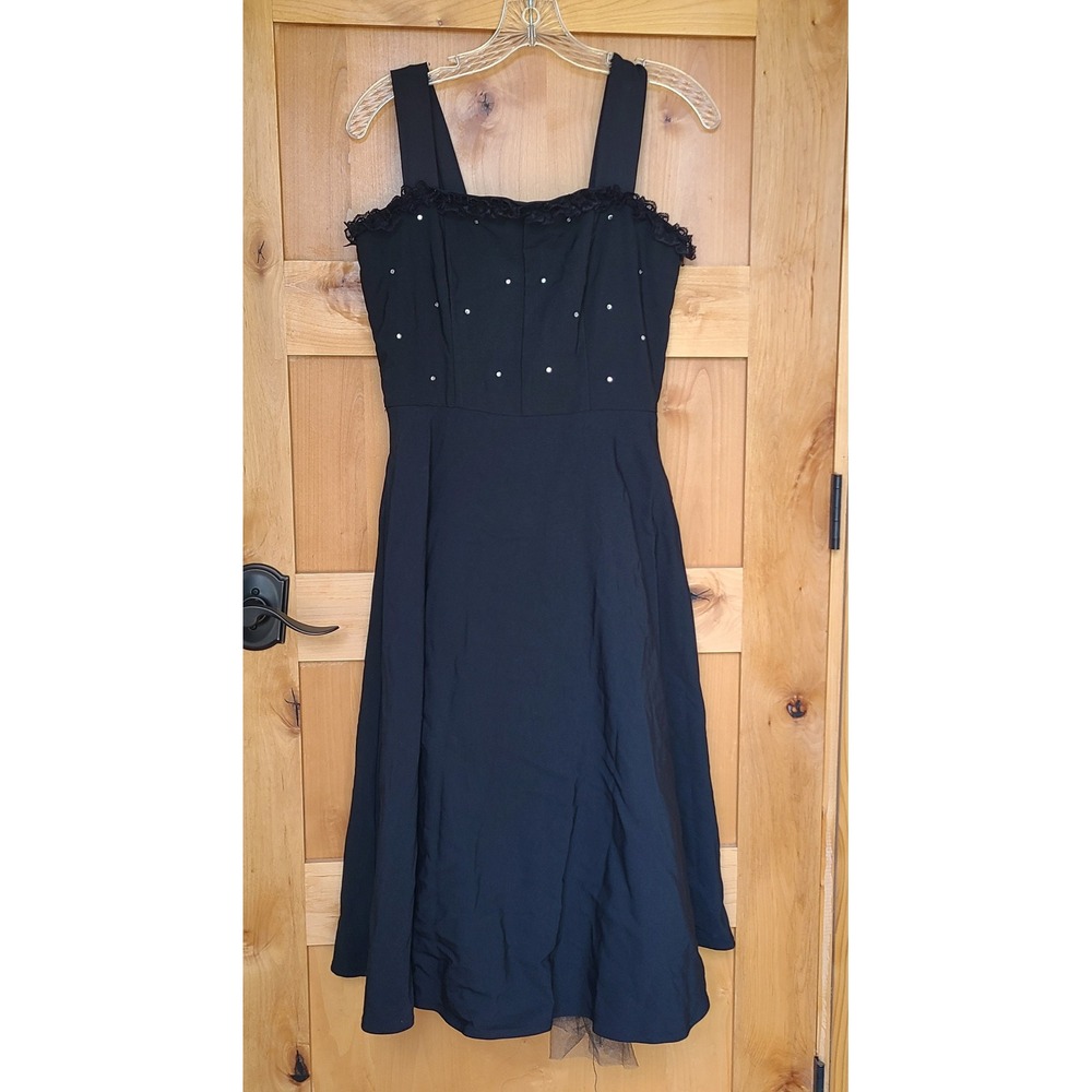 Vtg La Belle Black Midi 50s Rockabilly Swing Dress Rhinestone SMALL Crinoline